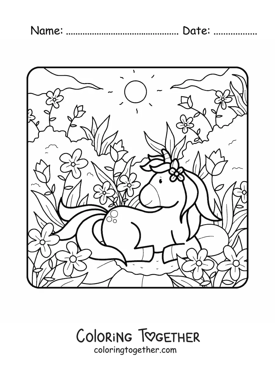 Coloring page of a kawaii unicorn in spring