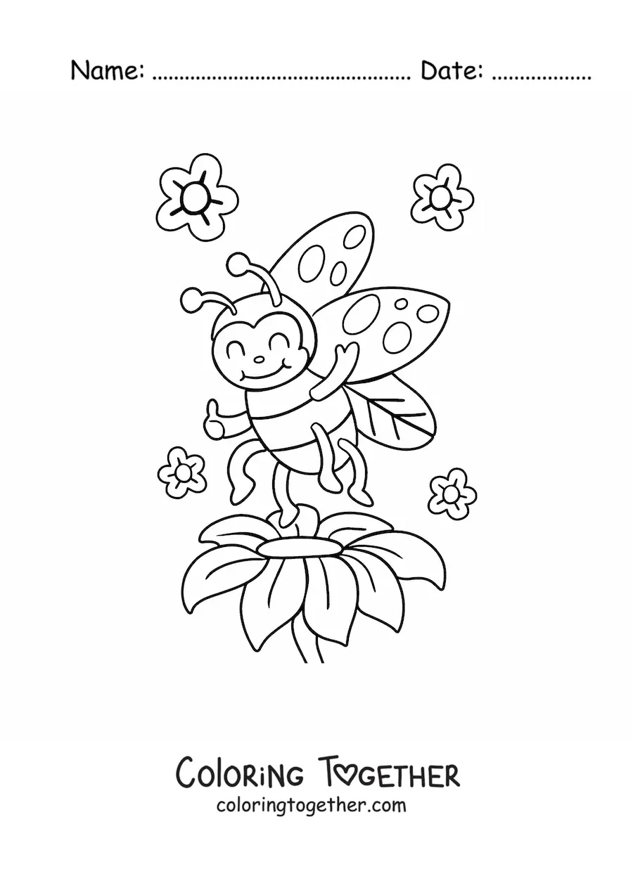 Coloring page of a kawaii ladybug and flowers
