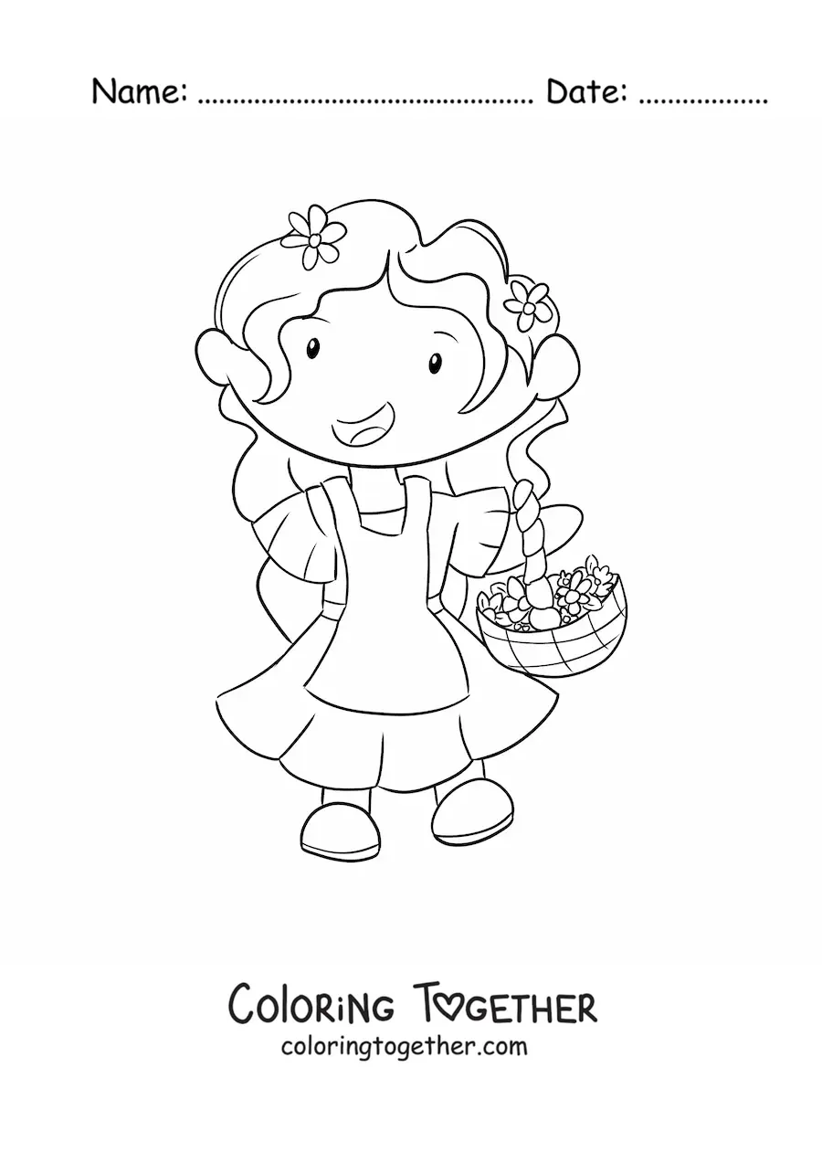 Coloring page of a kawaii girl with spring flowers
