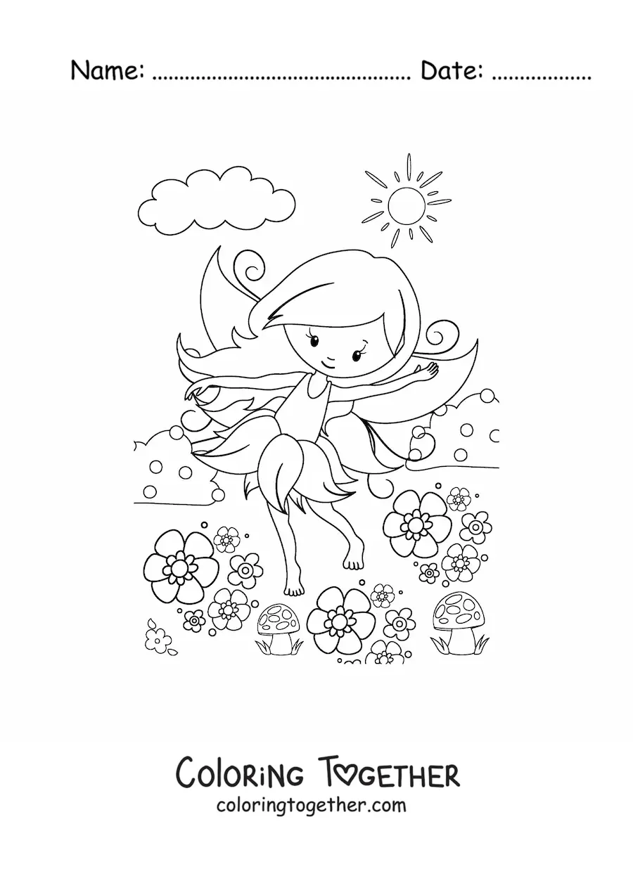 Coloring page of a kawaii fairy in spring