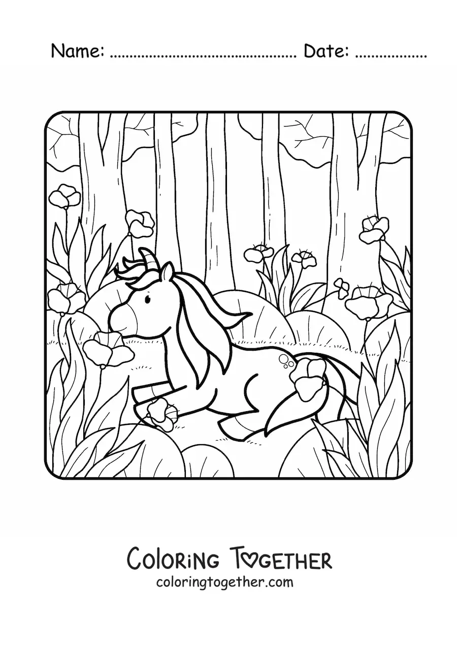 Coloring page of a unicorn in a spring forest