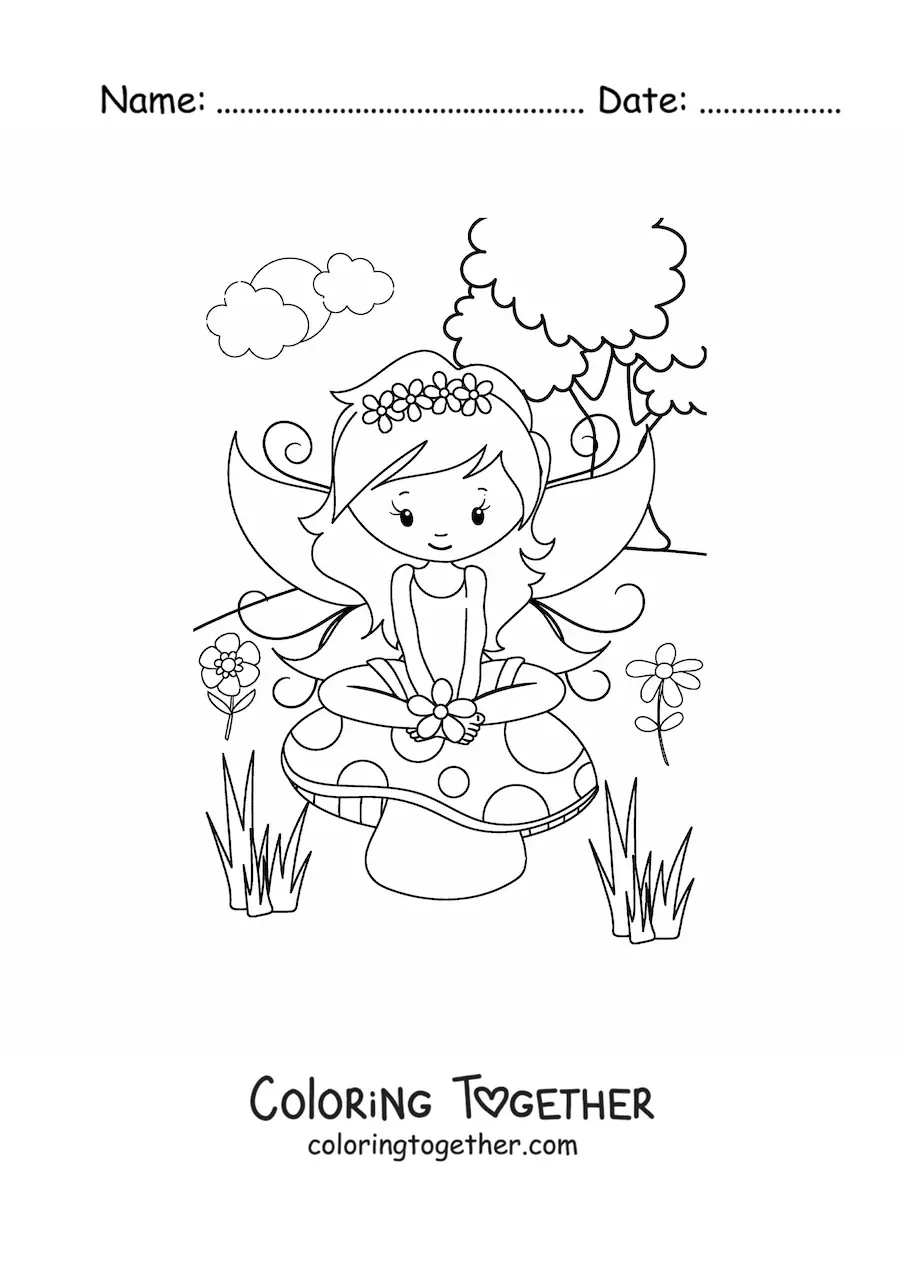 Coloring page of a kawaii fairy in a spring field