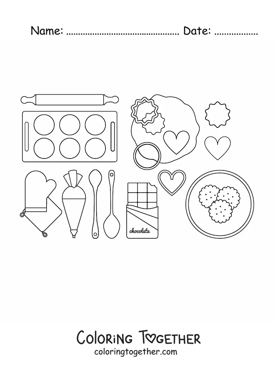 Coloring page of molds and supplies for making and baking cookies