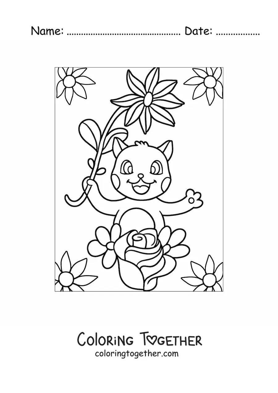 Coloring page of a cartoon kawaii cat with spring flowers