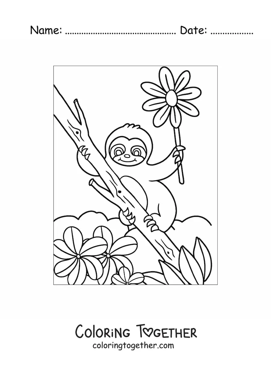 Coloring page of a cartoon kawaii sloth with spring flowers