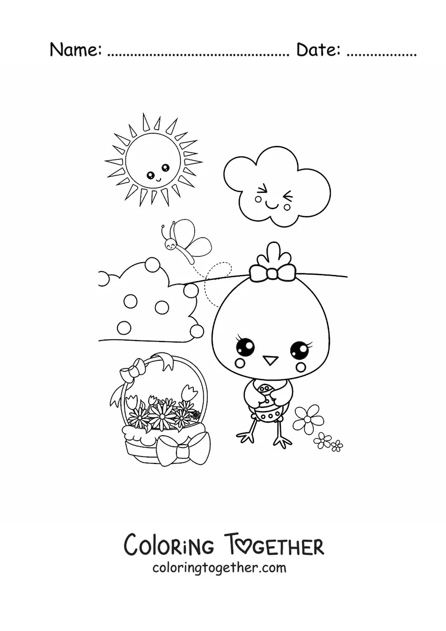 Coloring page of a kawaii chick in spring