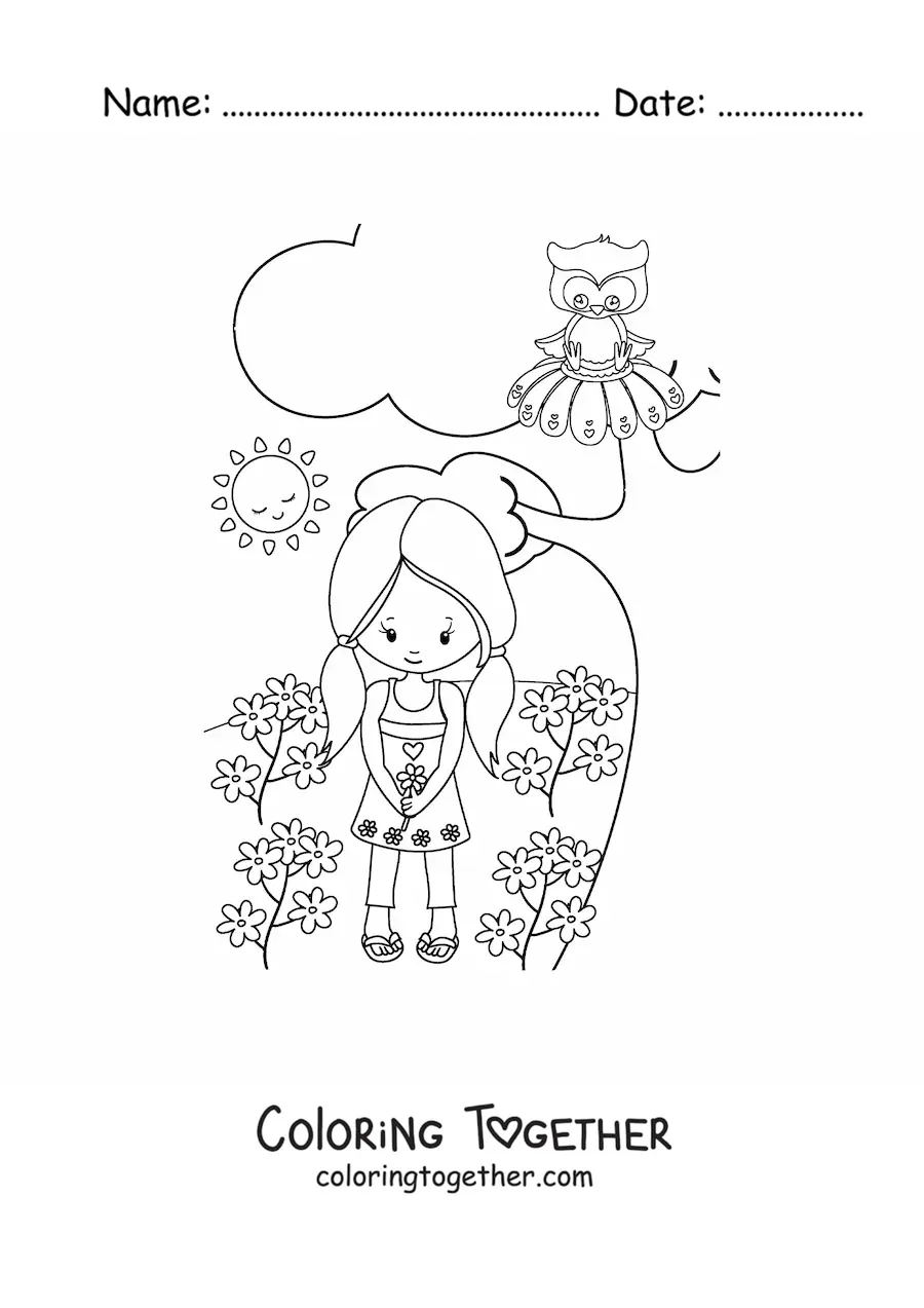 Coloring page of a kawaii girl in a spring field