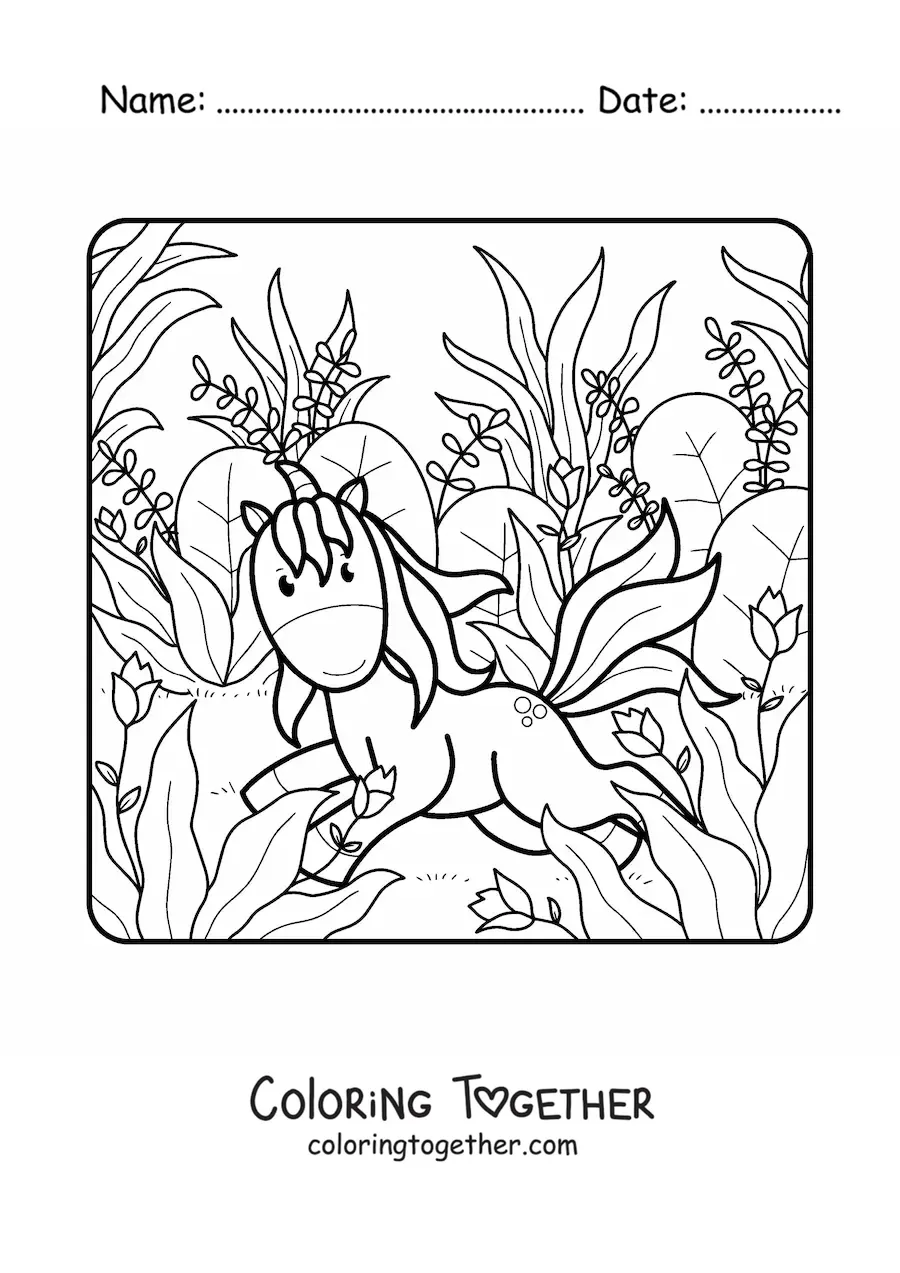 Coloring page of a cartoon unicorn in the field