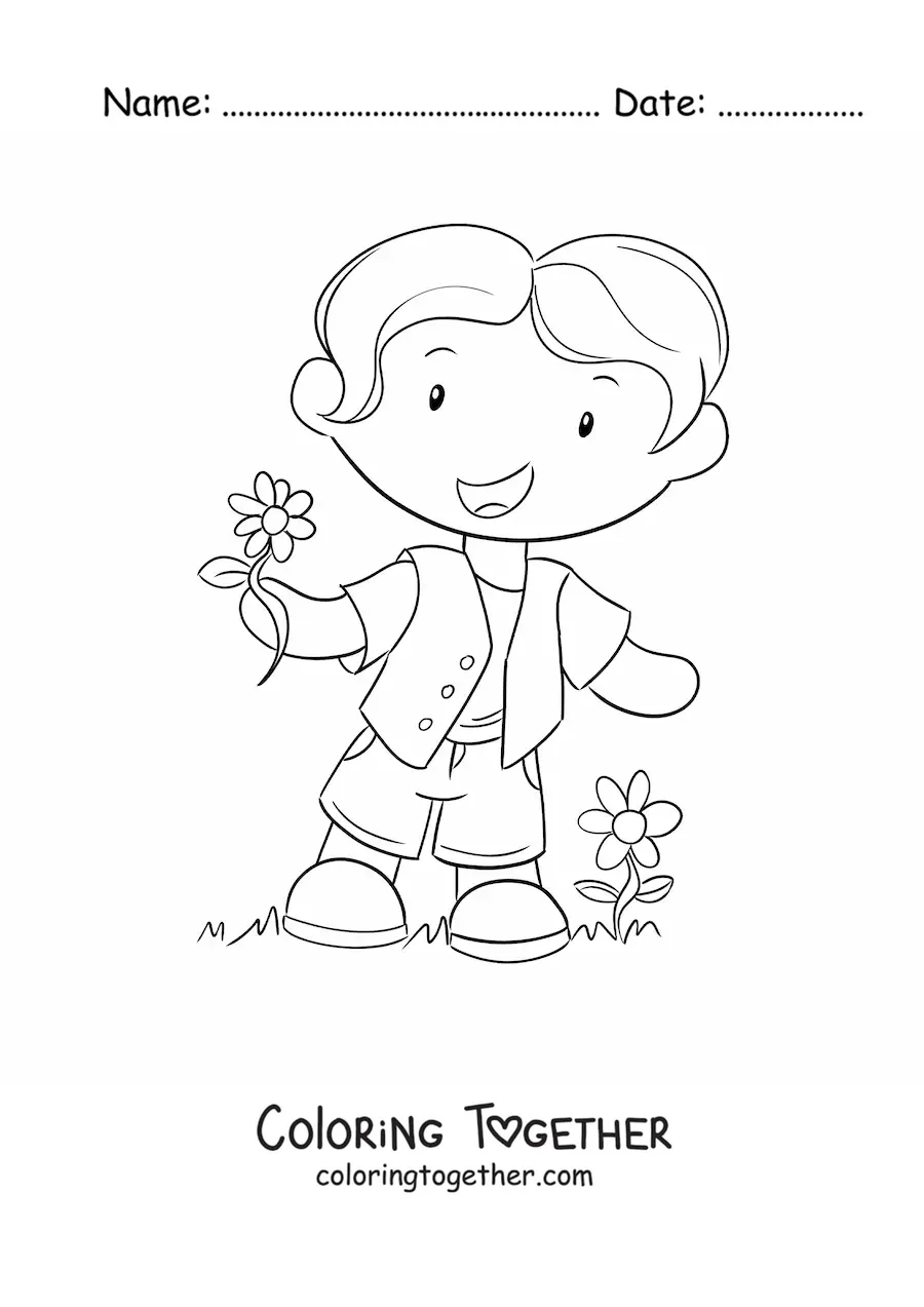 Coloring page of a cartoon boy with spring flowers