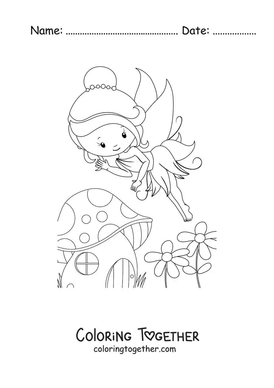 Coloring page of a kawaii fairy flying in spring