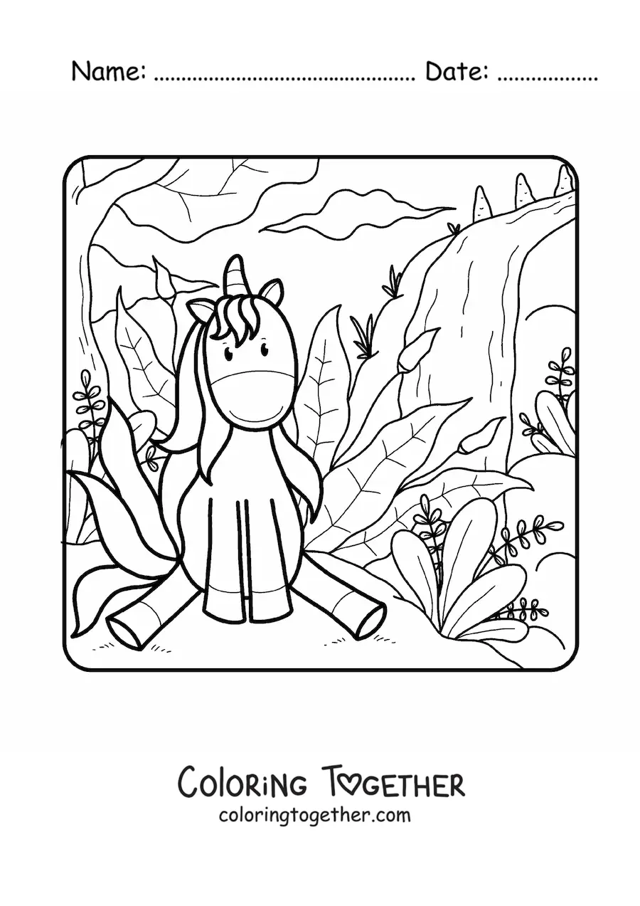 Coloring page of a cartoon unicorn sitting in a spring field