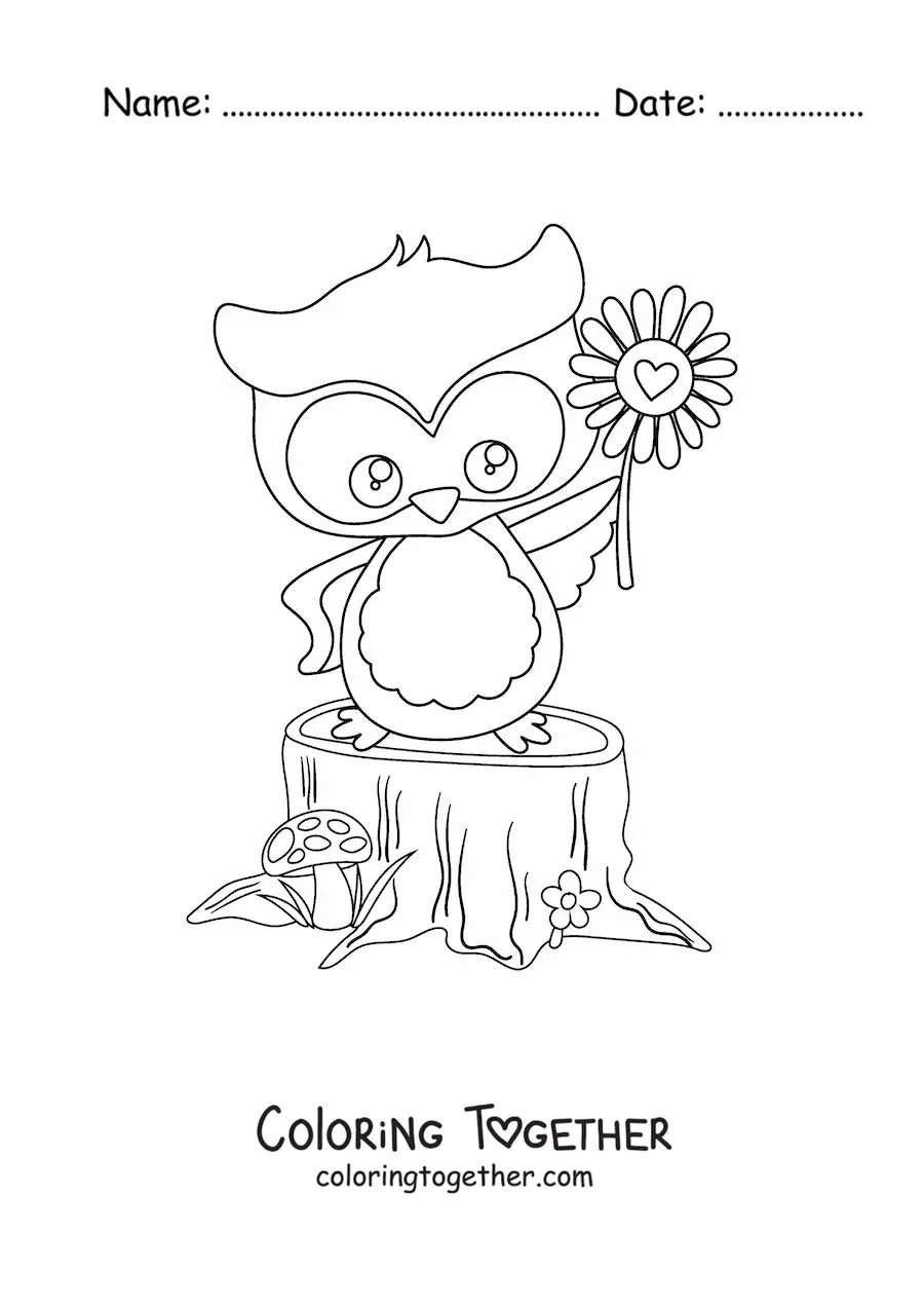 Coloring page of a kawaii owl in spring