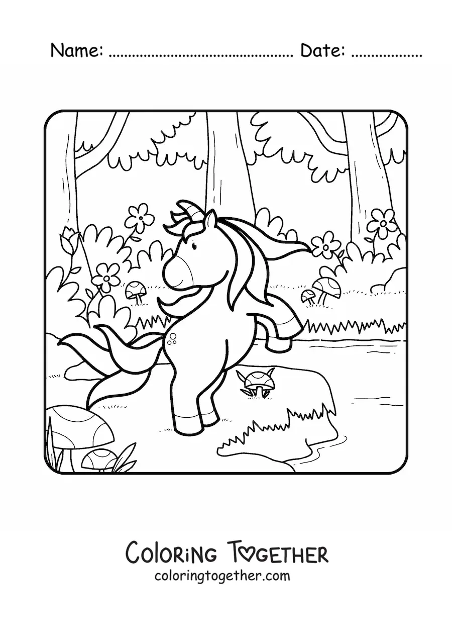 Coloring page of a unicorn in spring in the forest
