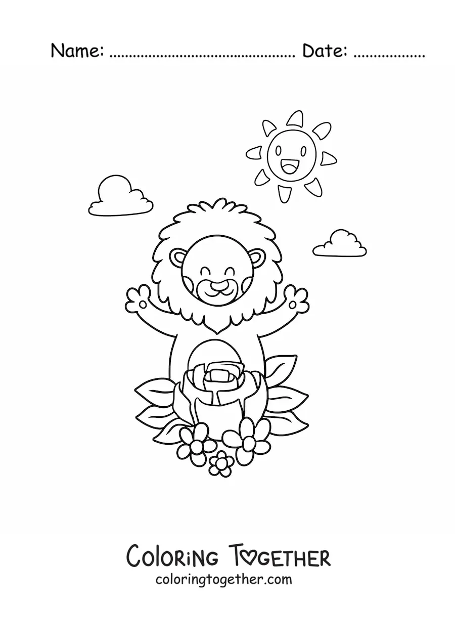 Coloring page of a cartoon kawaii lion with spring flowers