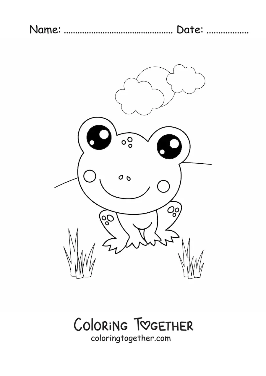 Coloring page of a kawaii frog in spring