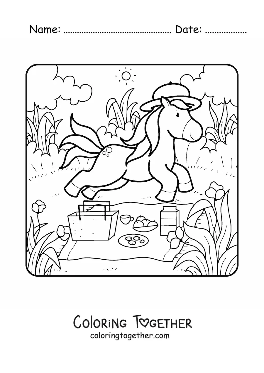 Coloring page of a cartoon unicorn at a summer picnic