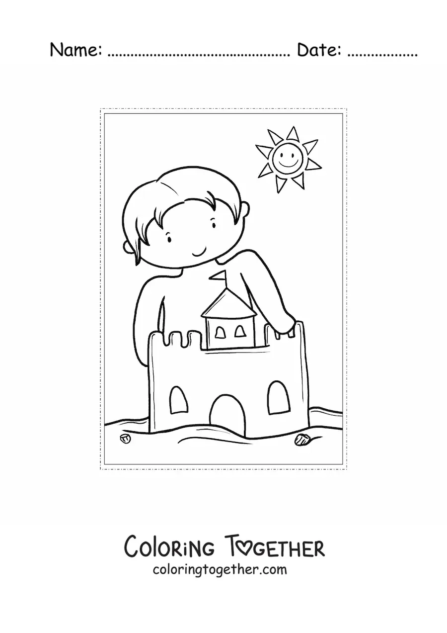 Coloring page of a kawaii boy with a sandcastle in summer