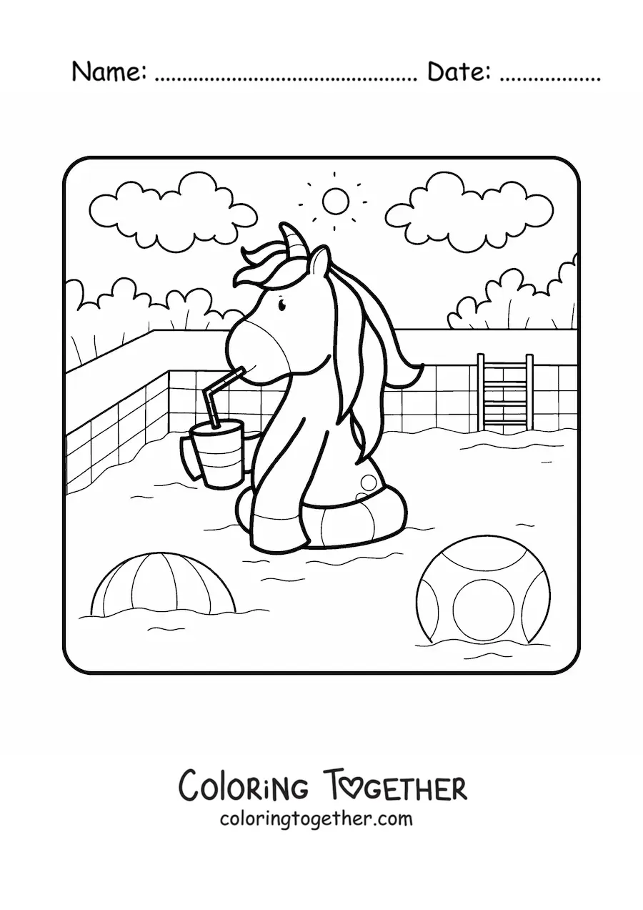 Coloring page of a cartoon unicorn in a summer pool