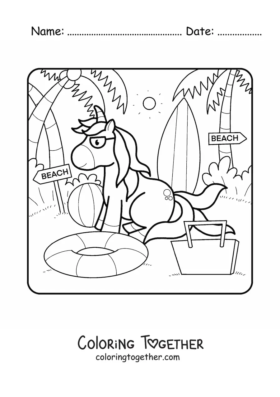 Coloring page of a unicorn on summer vacation
