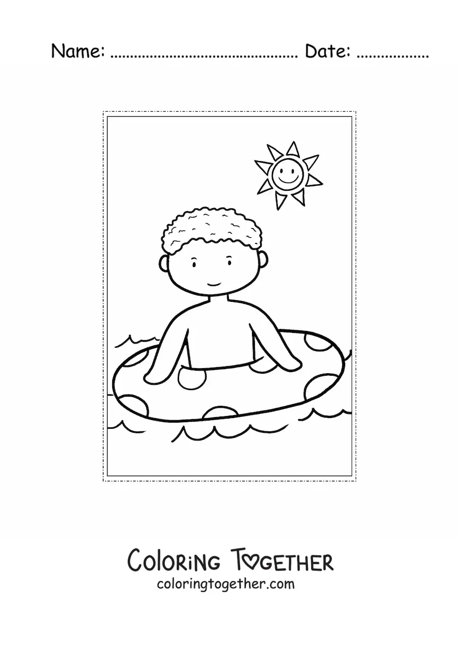 Coloring page of a kawaii boy at the sea in summer