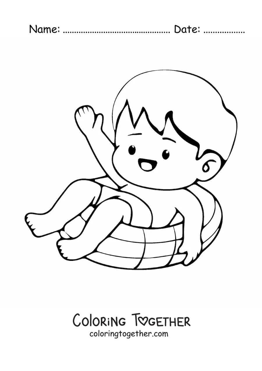 Coloring page of a happy kawaii boy in summer