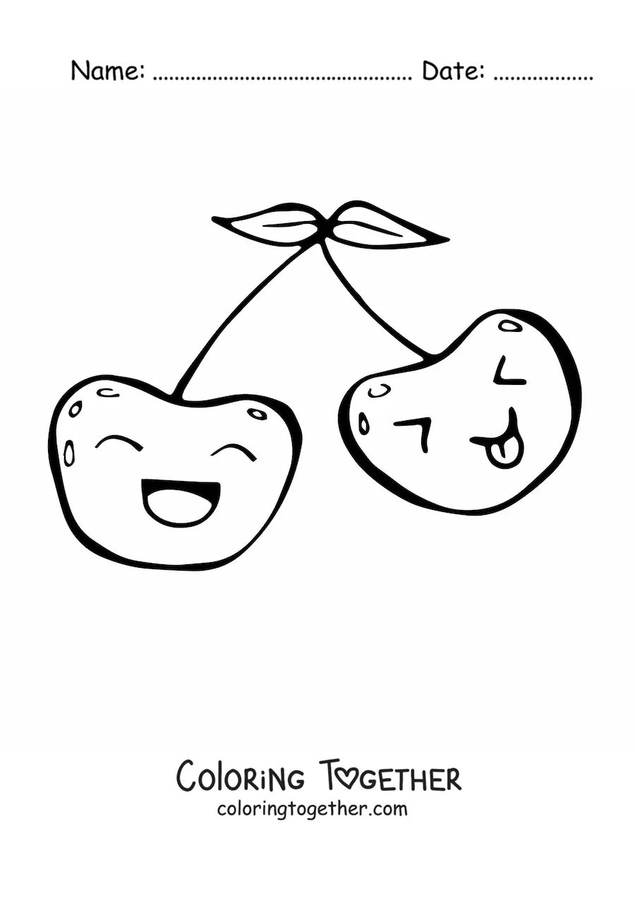 Coloring page of two kawaii cherries smiling and sticking out their tongues
