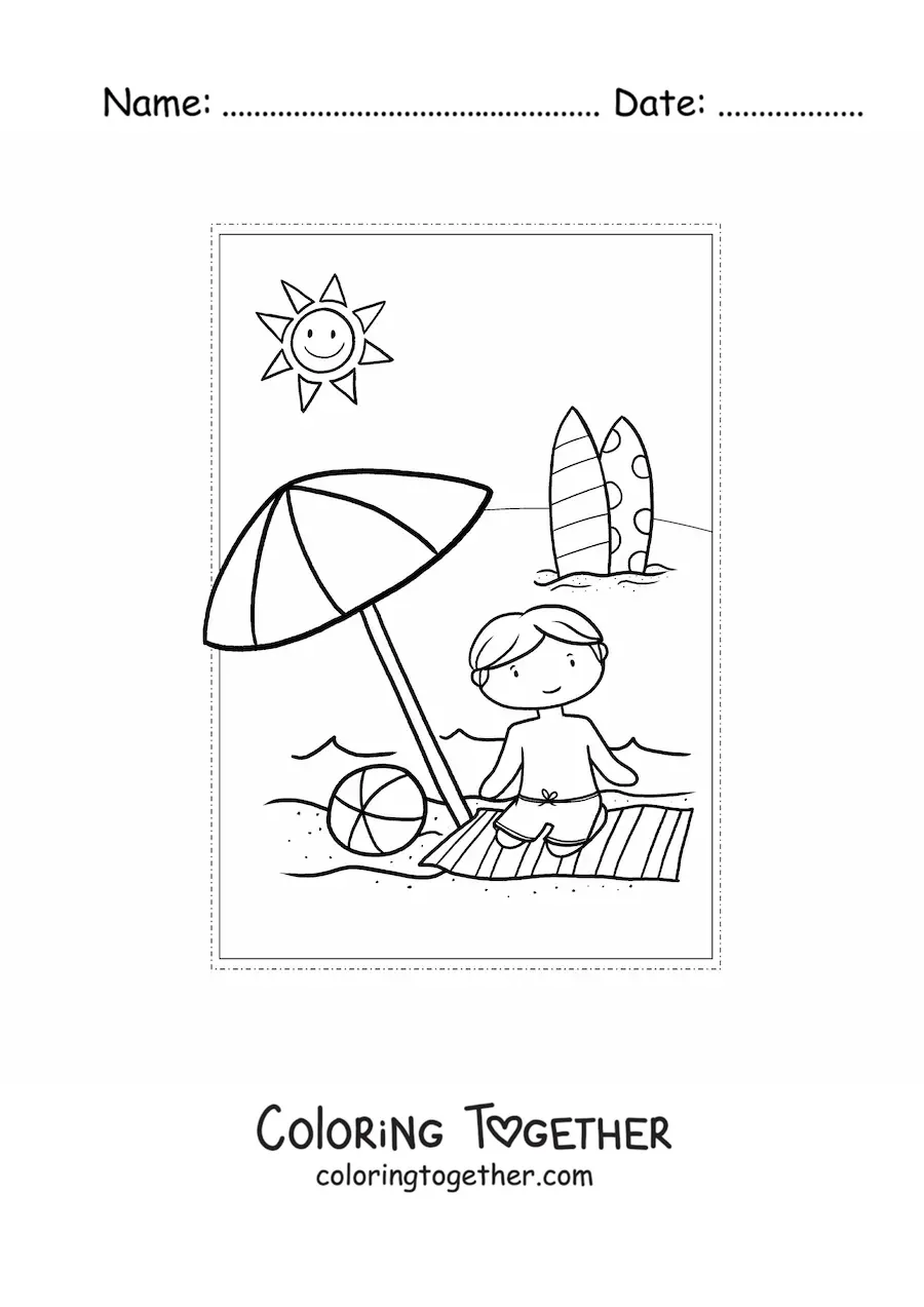 Coloring page of a kawaii boy on summer vacation