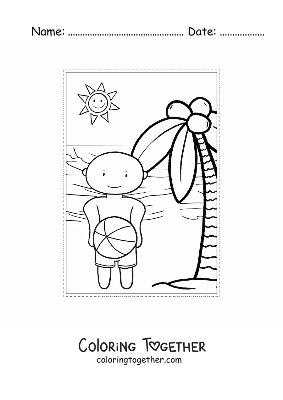 Coloring page of a kawaii boy playing in summer