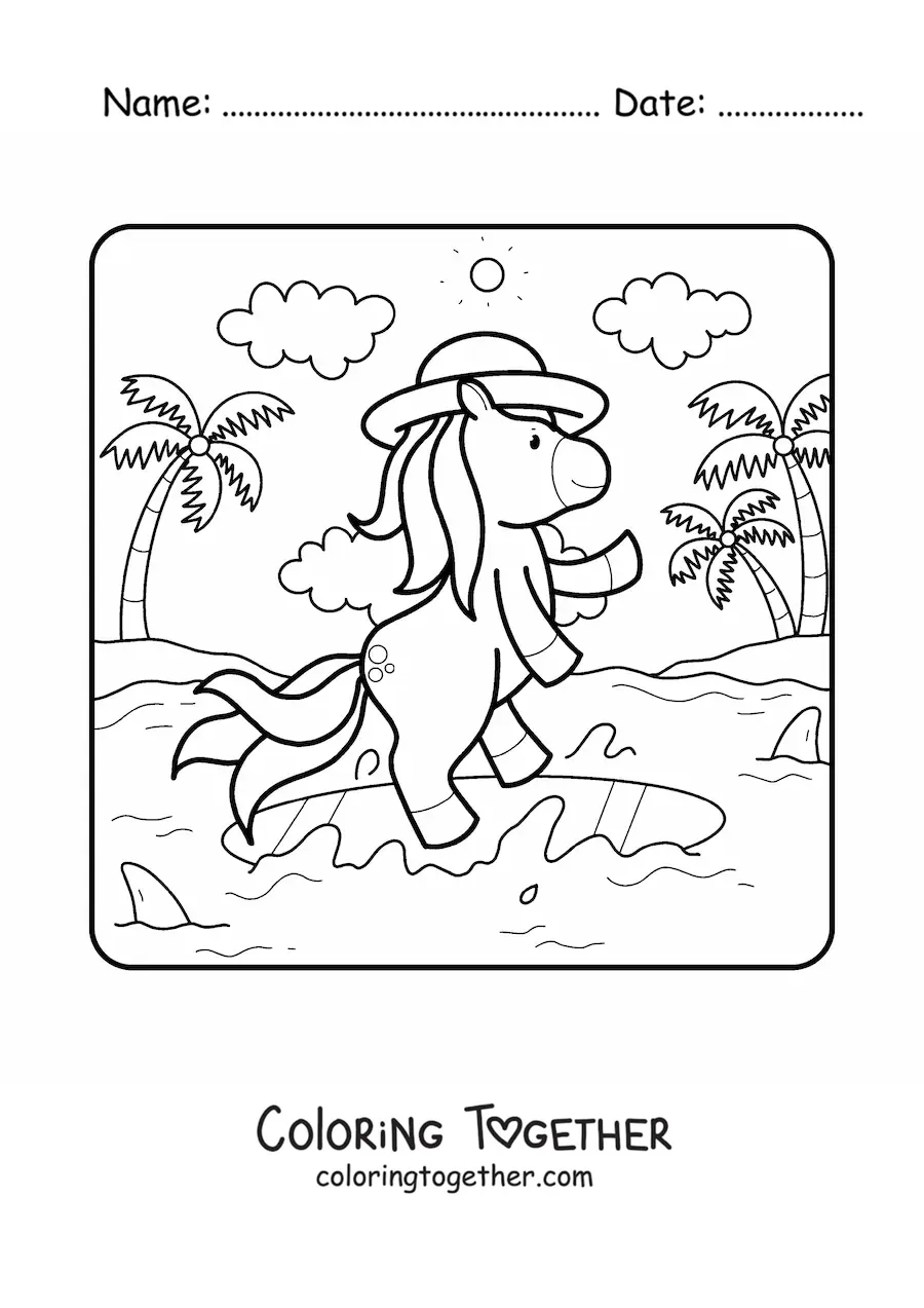Coloring page of a unicorn in a summer landscape