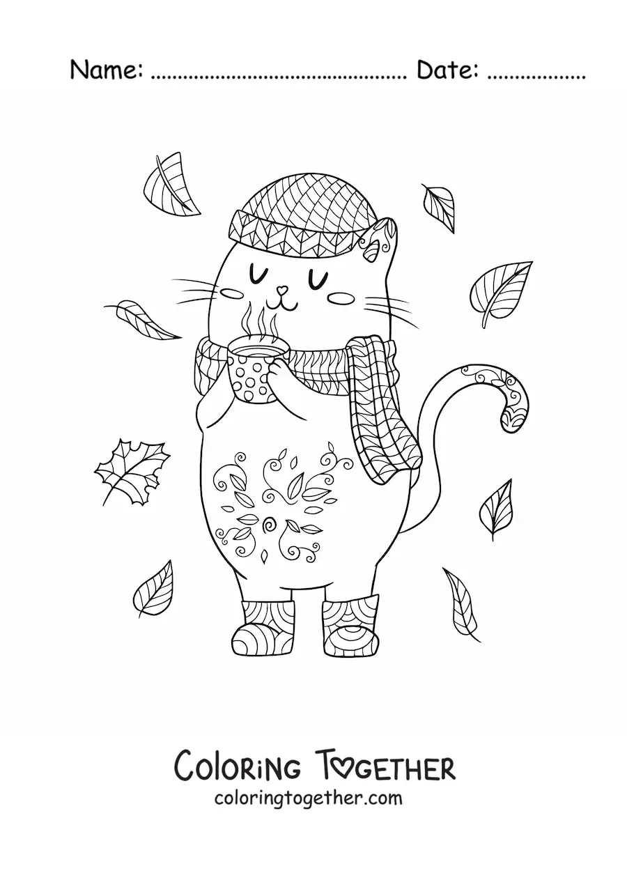 Coloring page of a cartoon kawaii cat in autumn