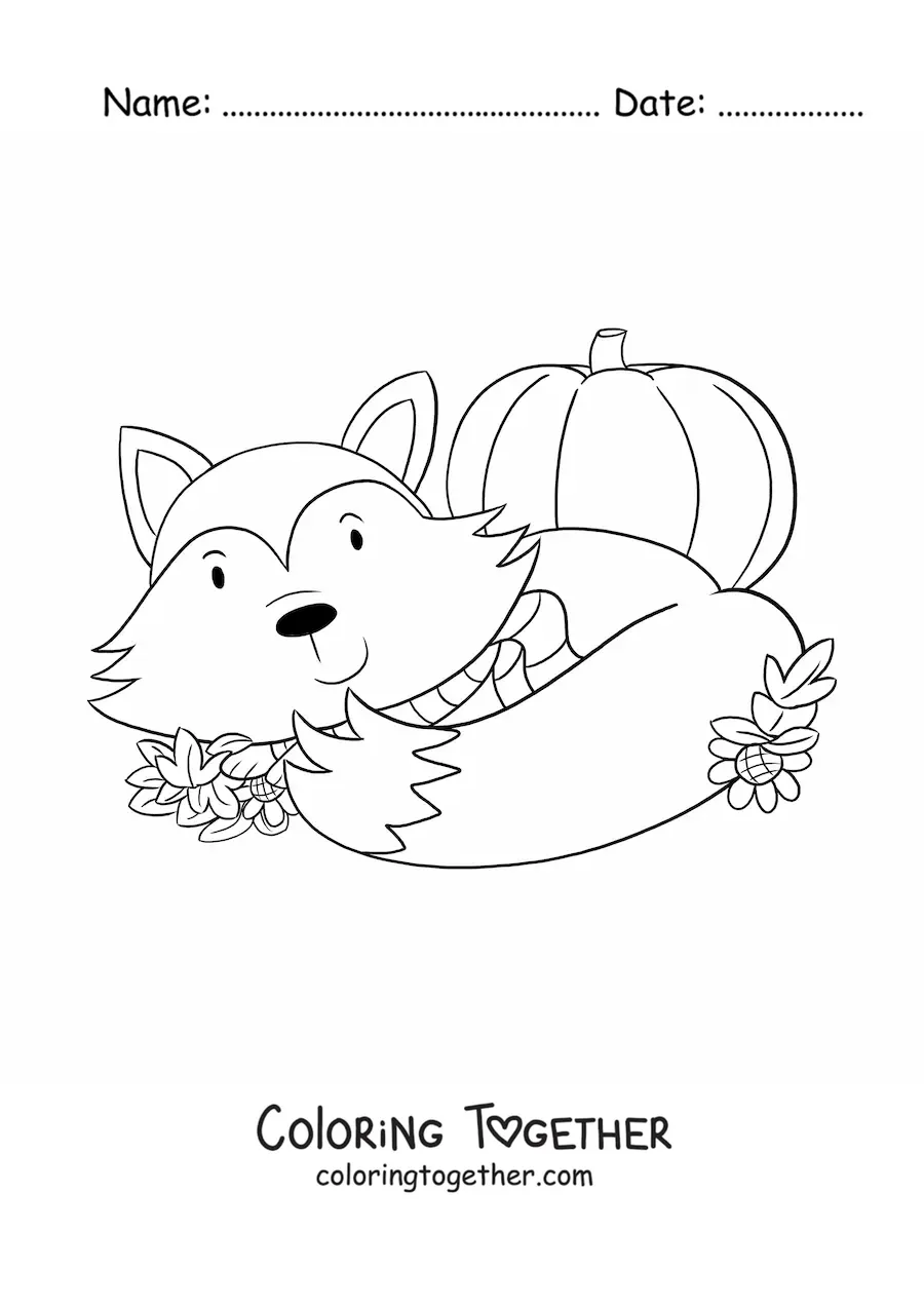 Coloring page of a kawaii fox with autumn leaves