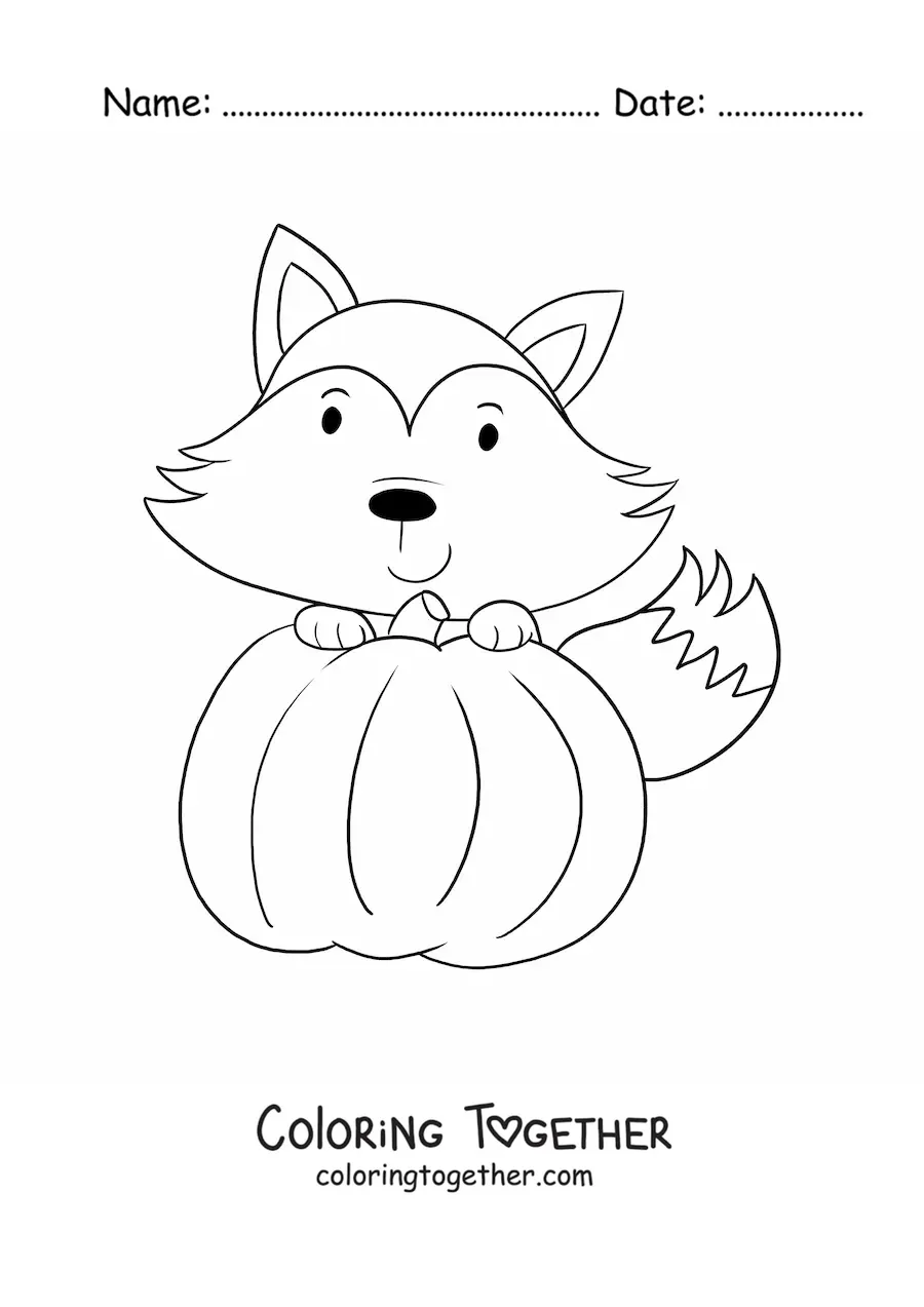 Coloring page of a kawaii fox with a pumpkin