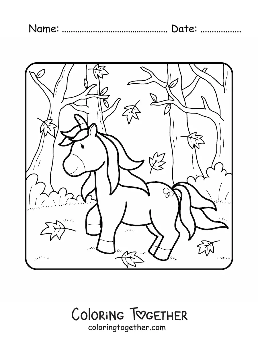 Coloring page of a unicorn in an autumn forest