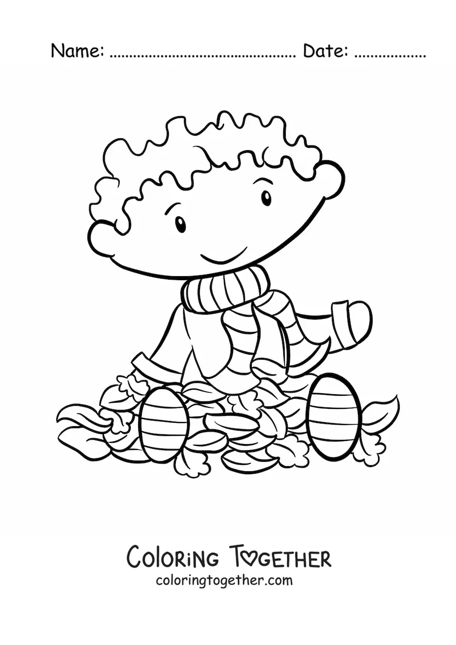 Coloring page of a boy in autumn