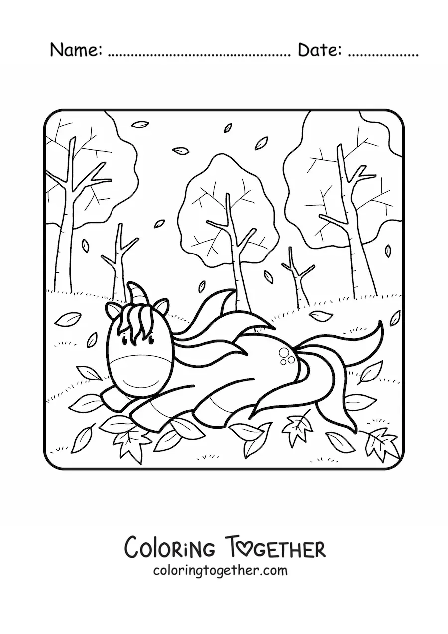 Coloring page of a unicorn among autumn leaves