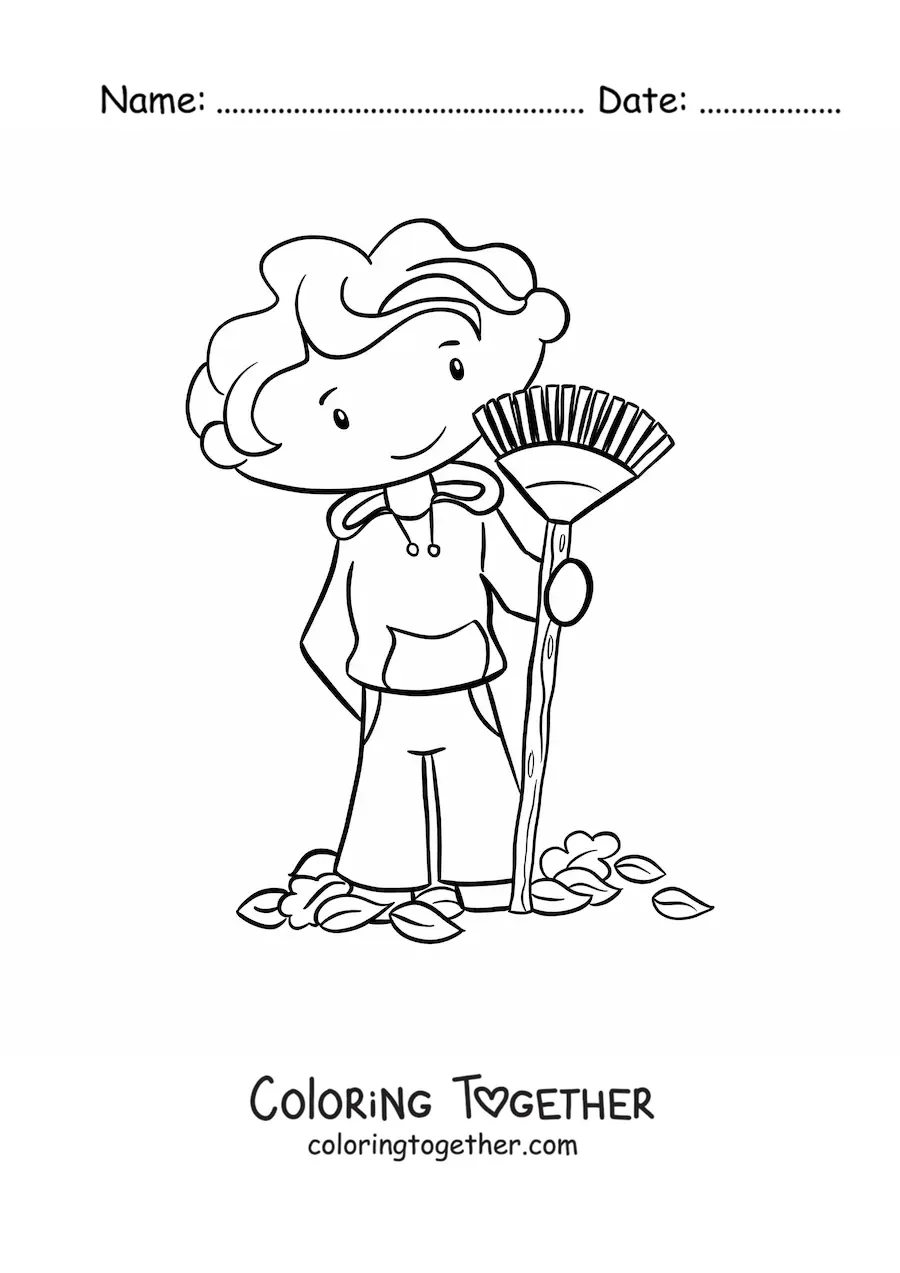 Coloring page of a boy sweeping up autumn leaves
