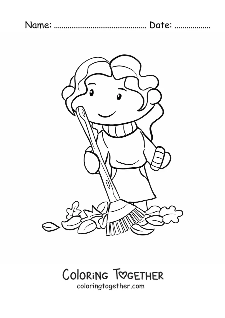 Coloring page of a girl with autumn leaves