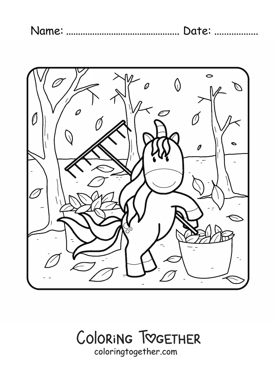 Coloring page of a unicorn and autumn leaves