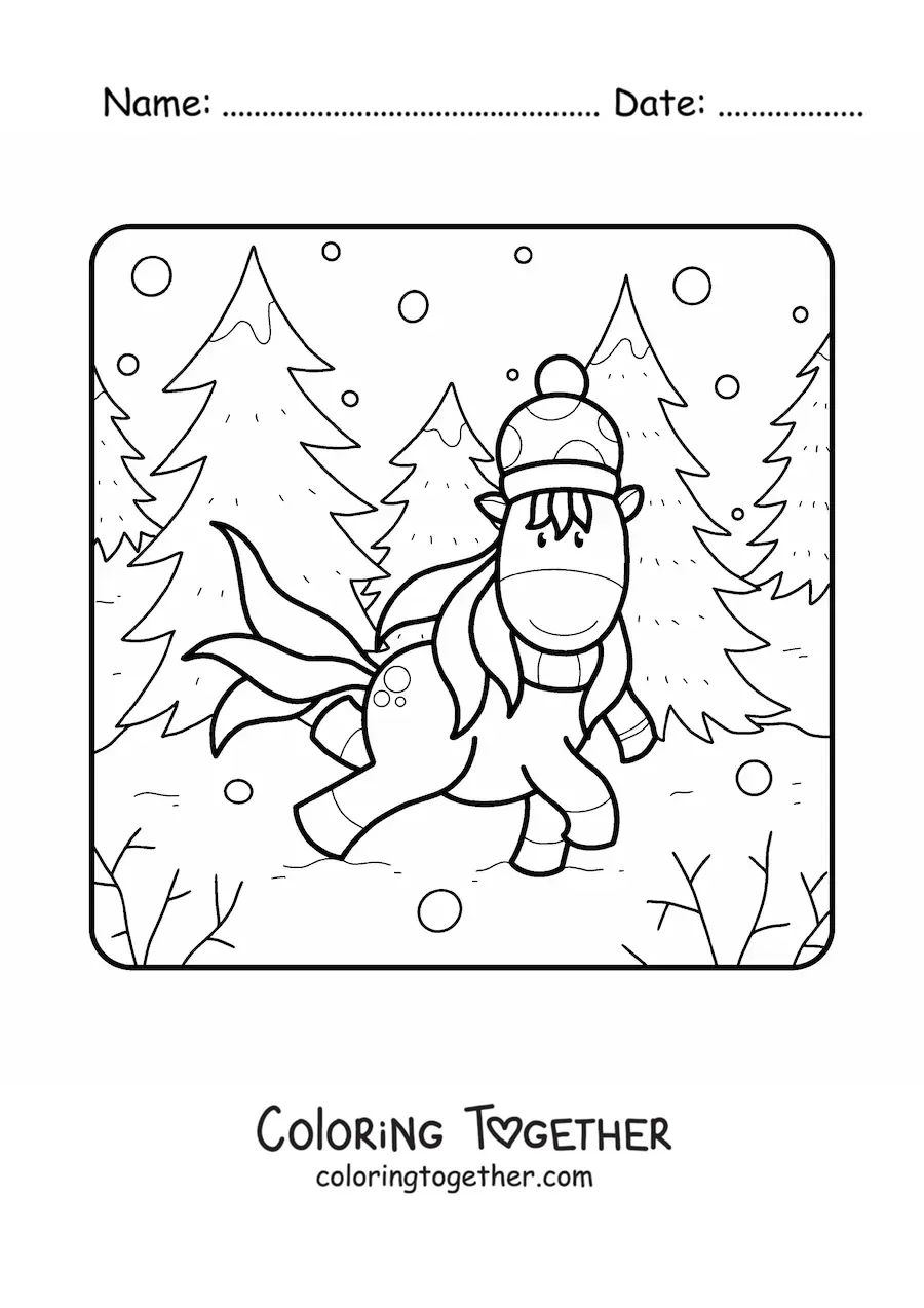 Coloring page of a unicorn in a winter forest