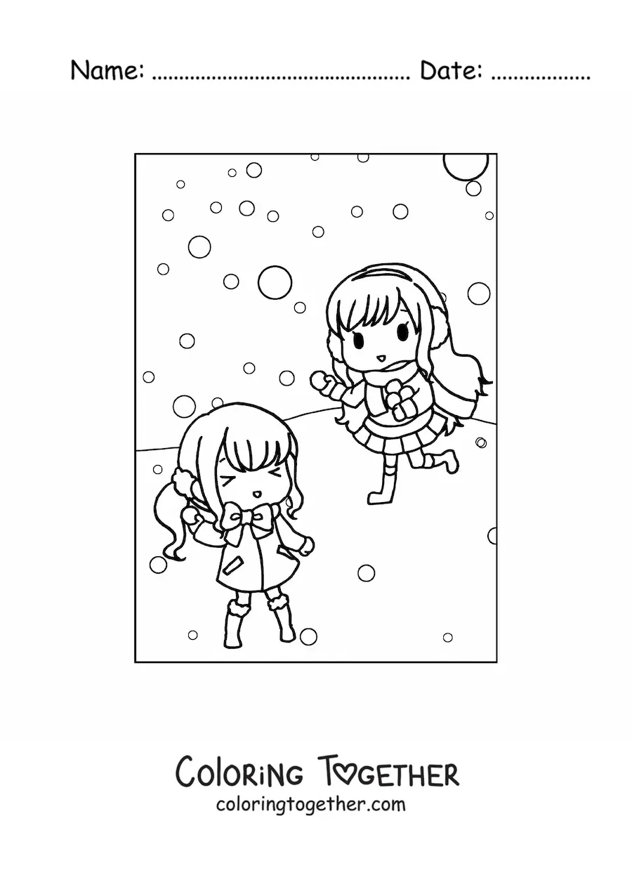 Coloring page of kawaii girls in winter