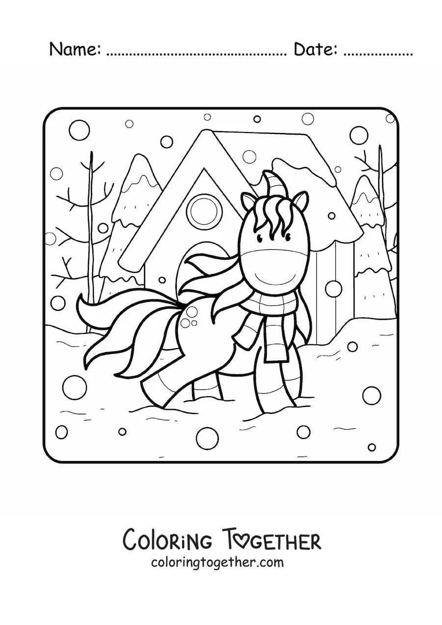 Coloring page of a unicorn out for a stroll in winter