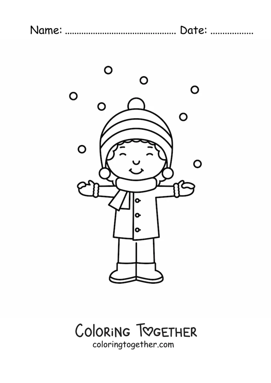 Coloring page of a happy kawaii boy in winter