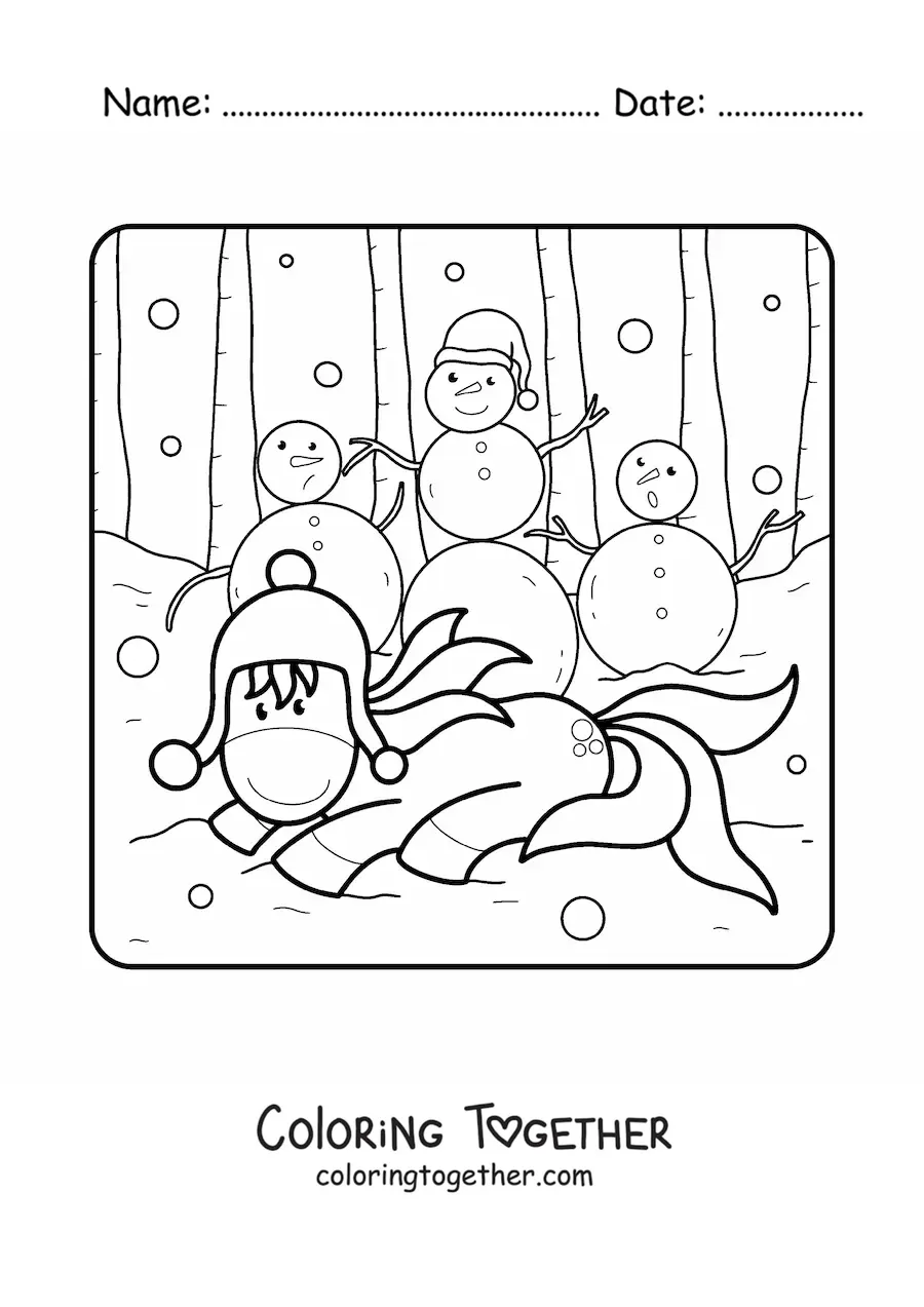Coloring page of a unicorn with snowmen