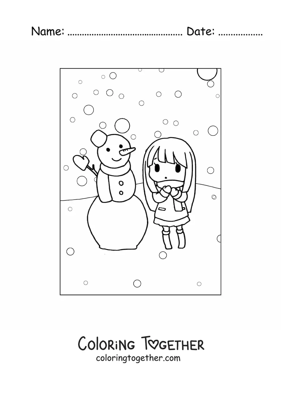 Coloring page of a kawaii girl with a snowman