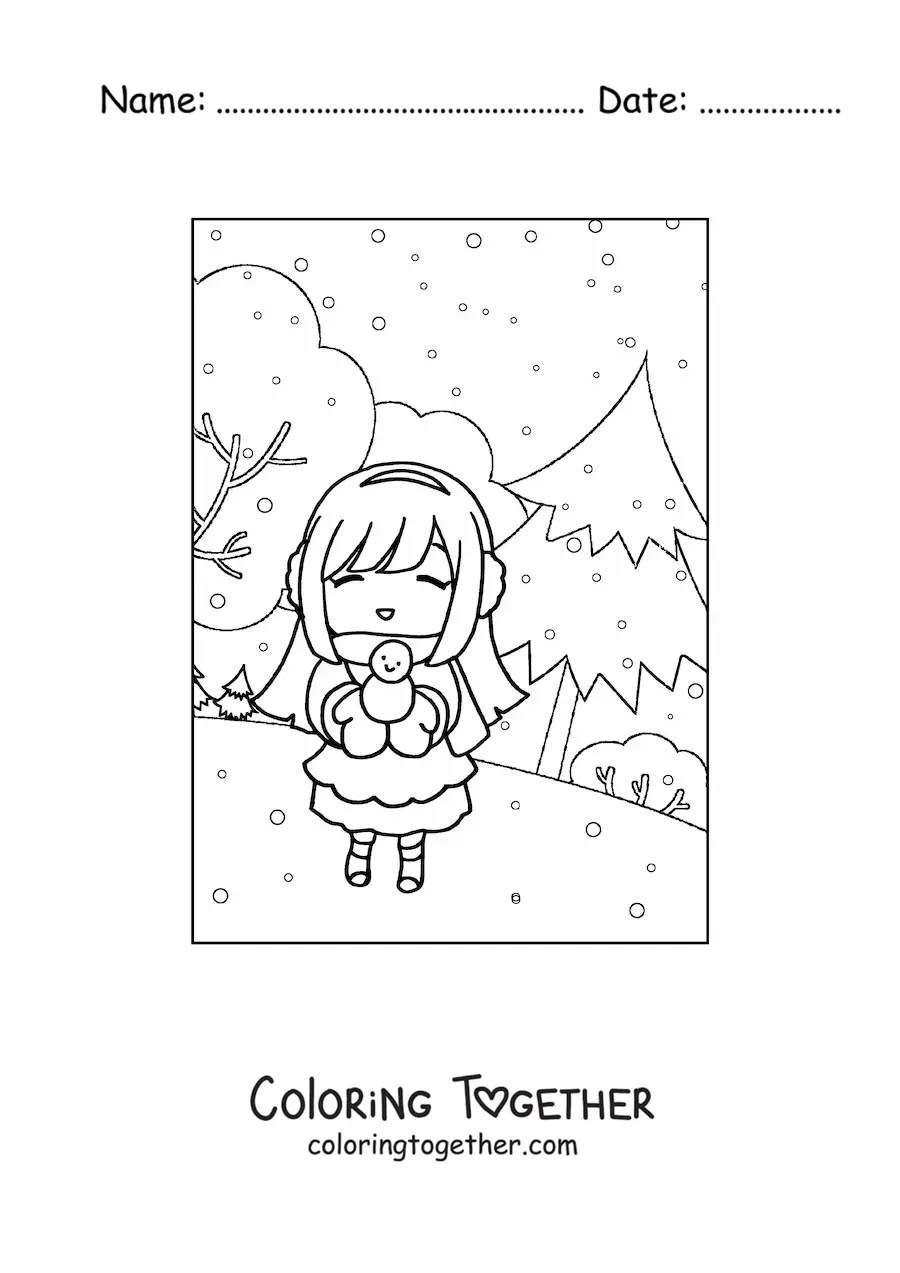 Coloring page of a kawaii girl in a winter forest