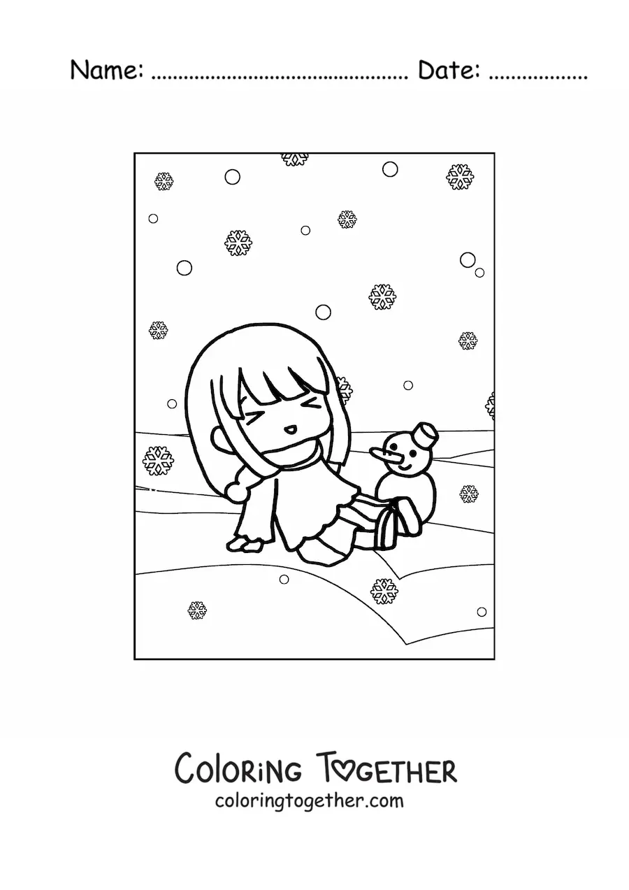 Coloring page of a kawaii girl in a winter snowfall
