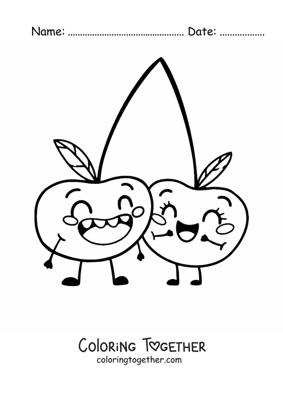 Coloring page of two smiling cartoon cherries