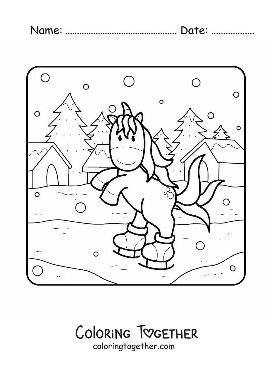 Coloring page of a unicorn ice skating in winter