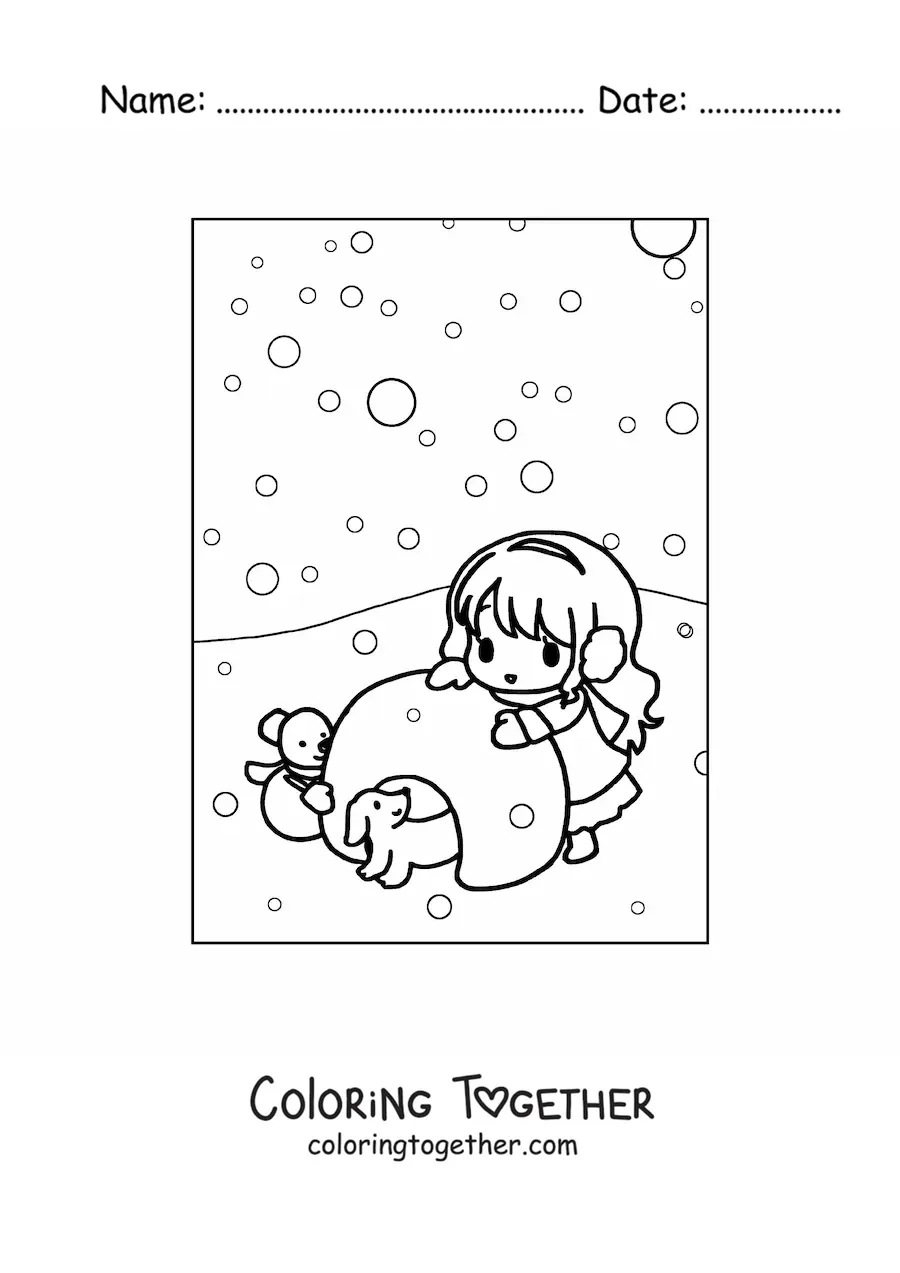Coloring page of a kawaii girl with an igloo