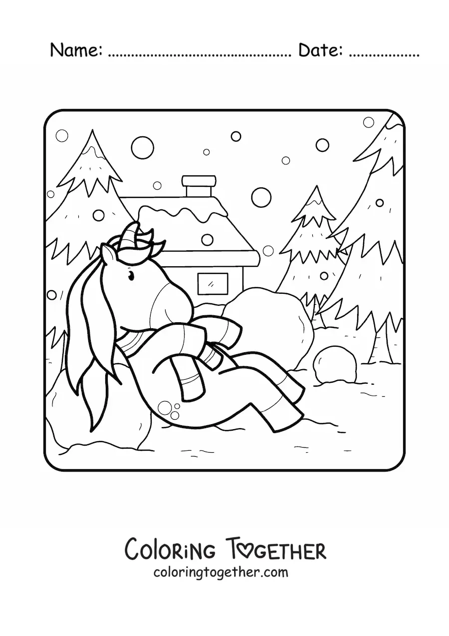 Coloring page of a unicorn playing in the snow
